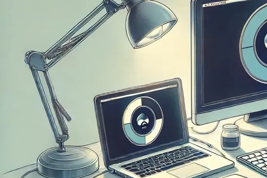 A minimalist illustration of a developer workstation. The deesk features multiple monitors, a coffee cup, a notebook, and a few cables.